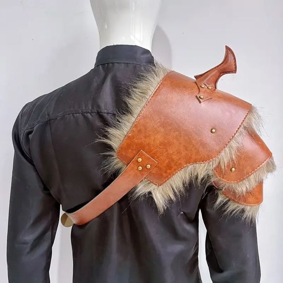 Pair Renaissance Medieval Viking PU Leather Fur Edge Shoulder Armor Cosplay LARP - Picture 2 of 3
